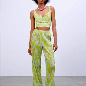 Zara green blue and pink pleated crop top